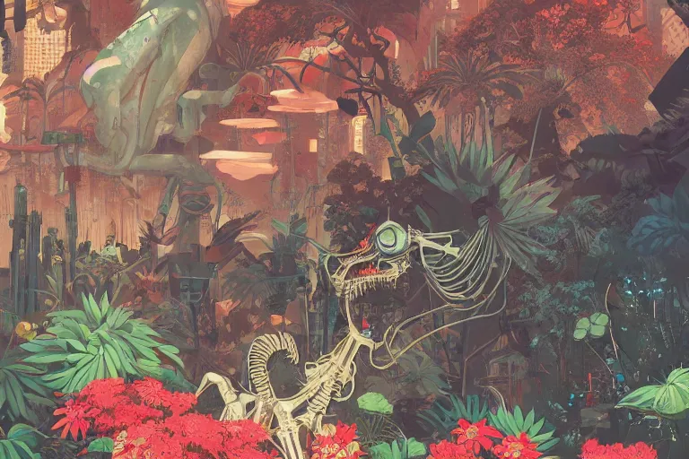 Image similar to 2 d gouache illustration, a lot of exotic vegetation, trees, tremendous skeletal robotic ancient gigantic cat, flowers, oldschool vintage sci - fi flat surreal design, super - detailed, painting by satoshi kon, hd, 4 k, high quality