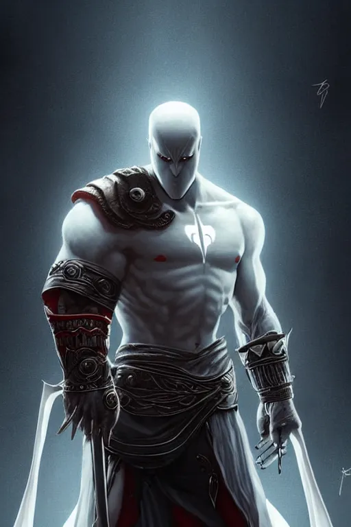 Image similar to symmetry of moon knight mixed with kratos from gow, rpg reference, art by greg rutkowski, artgerm, trending on artstation, octane render, insanely detailed, 8 k, hd