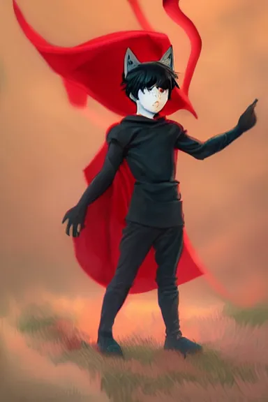 Image similar to little boy with cat ears in an black outfit with red cape. digital artwork made by lois van baarle and kentaro miura and marc simonetti, sharpness focus, inspired by hirohiko araki, anatomically correct, heroic composition, hero pose, smooth