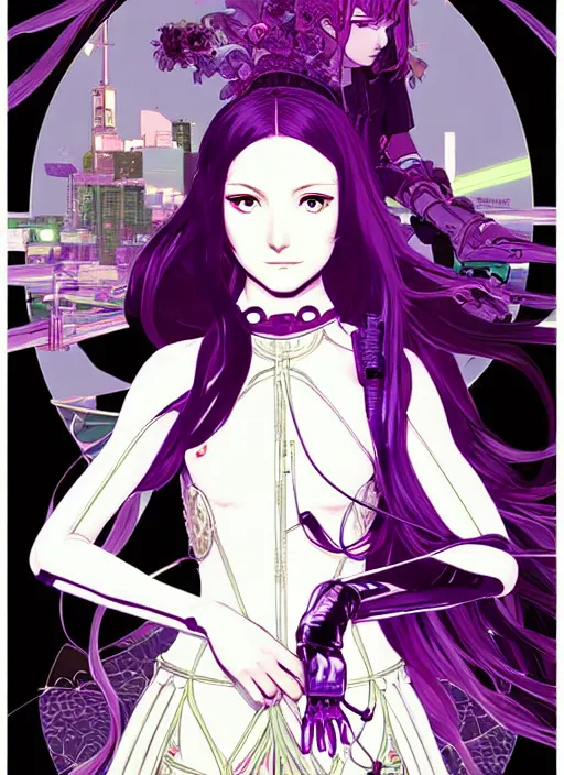 Image similar to tomer hanuka highly detailed terada katsuya artstation minaba hideo fantastic fate shigenori soejima manga poster of princess mechine, long hair, armor, dress, laces, ruffles, 8 k, fluorescent, maximalist, jump comics, art nouveau