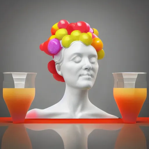 Prompt: a 3 d white marble human head holding a coctail, colorful coctail, digital illustration, 3 d render, amazing detail