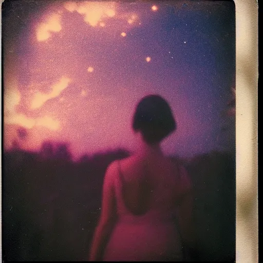 Prompt: an aged polaroid photo of a young woman seen from behind, night, the galaxy is visible in the sky, detailed clouds, warm azure and red tones, film grain, color bleed