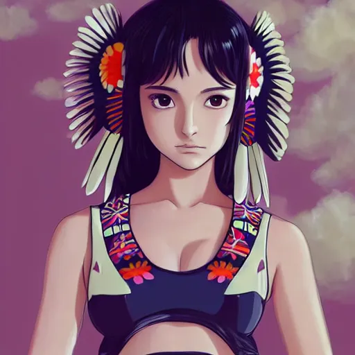 Image similar to a beautiful young japanese natalie portman alluring gravure model, anime graphic illustration, wearing oversized designer bomber jacket and one piece bikini, bulky poofy bomber jacket with mesoamerican patterns, mesoamerican native street fashion, princess mononoke screenshot, aesthetic, gorgeous, stunning, alluring, attractive, artstation, pinterest, digital art