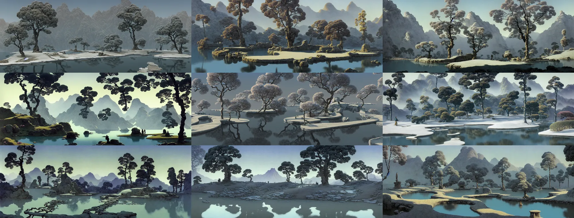 Image similar to a gorgeous bleak spring landscape painting by barlowe wayne maxfield parrish and marco mazzoni. tree no leaf, no flower!! sunny morning, china mountain village!! smoke curling up, grey blue and light verdancy. the lake ice is melting. the winding stone steps. ultra clear detailed. 3 d, octane render. chinese wuxia. 8 k