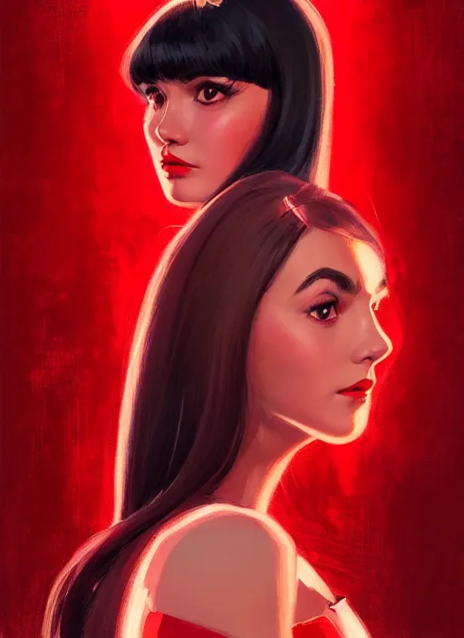 Image similar to portrait of veronica lodge with bangs, 1 9 6 0 s, long hair, red clothes, bangs, intricate, elegant, glowing lights, highly detailed, digital painting, artstation, concept art, smooth, sharp focus, illustration, art by wlop, mars ravelo and greg rutkowski