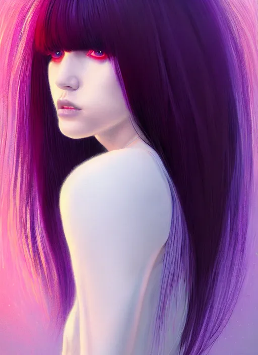 Prompt: hair whitebangs hair, black hair, whitebangs, portrait of teenage girl with white bangs, red irises, purple clothes, white bangs, bangs are different color from hair, intricate, elegant, glowing lights, highly detailed, digital painting, artstation, concept art, smooth, sharp focus, illustration, art by wlop, mars ravelo and greg rutkowski