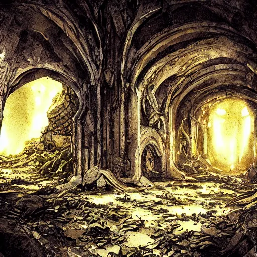 Image similar to abandoned ruined cave city, gothic art, color, detailed, eerie, emotional, sad, highly detailed, sharp focus, motherboard, Artstation, deviantart, artgem, insane detail, watercolor, golden ratio, in the style of Heavy Metal Comics