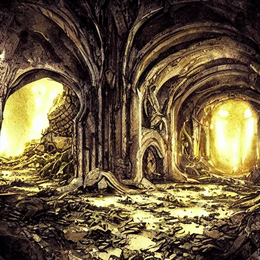 Prompt: abandoned ruined cave city, gothic art, color, detailed, eerie, emotional, sad, highly detailed, sharp focus, motherboard, Artstation, deviantart, artgem, insane detail, watercolor, golden ratio, in the style of Heavy Metal Comics