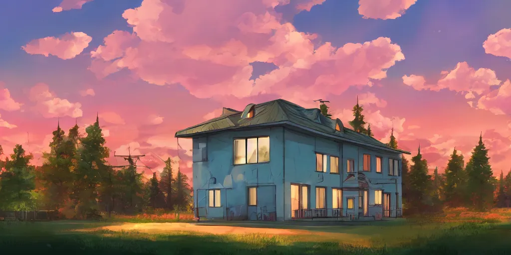 Image similar to a soviet suburban panel building house with sunset sky, ultra high quality, 4 k, by miyazaki and makoto shinkai, anime screenshot, colorful, artstation, pixiv,