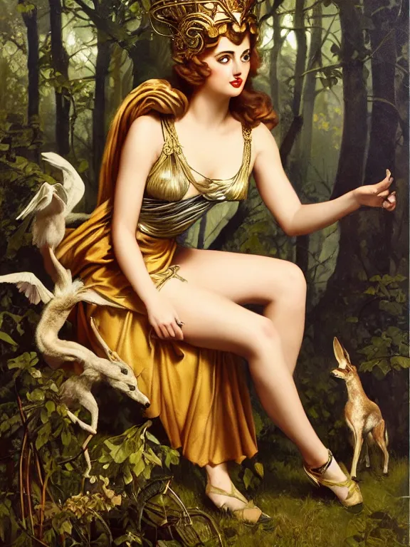 Image similar to Ana de armas as Artemis the Greek goddess of the hunt, a beautiful art nouveau portrait by Gil elvgren, Moonlit forest environment, centered composition, defined features, golden ratio, silver jewelry, sheer