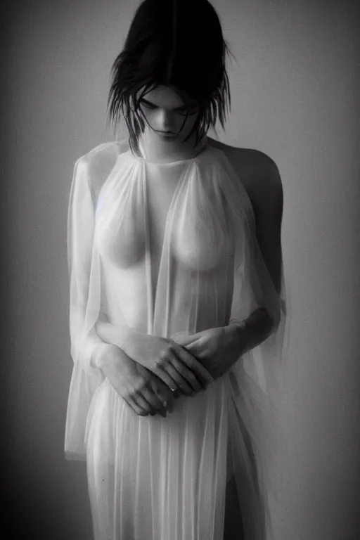 Image similar to emotionnal shot. fragile shy woman looking like Kendall Jenner with sheer dress with plunging neckline and lace sleeves. award-winning fashion photography. intimate and vulnerable lighting. 130mm bw fashion photography .