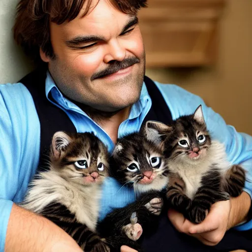 Image similar to jack black cuddling with kittens, hd