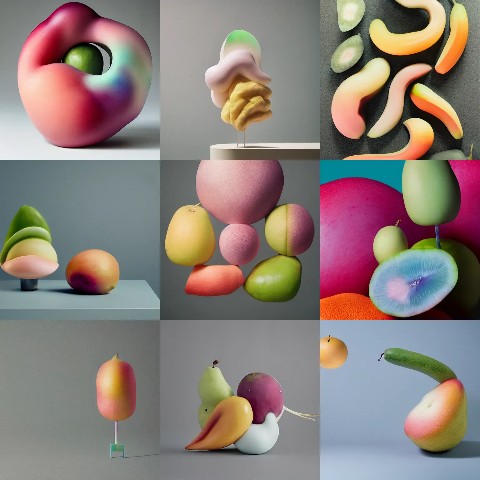 Prompt: one balanced asymmetrical biomorphic form with ombre light pastel colors, hayao miazaki, professional fruit photography