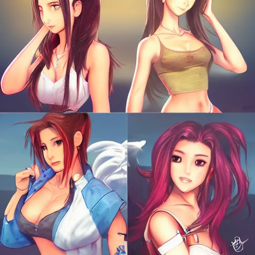 Image similar to beautiful aerith and tifa and jessie from final fantasy in daisy dukes on the beach making eye contact drawn by artgerm