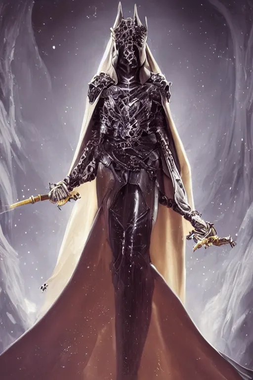 Image similar to a muse of beauty, Elspeth Knight Errant, long flowing cape and cowl, silver and gold heavy armour, long magical staff with ruby gems, young female face, liquid magic, cinematic top lighting, insanely detailed and intricate, face by wlop, Charlie Bowater, golden ratio, symmetric, elegant, ornate, luxury, elite, matte painting, MTG, magic the gatheing, cinematic, cgsociety, 8k, high resolution, trending on artstation, deviantart and pinterest