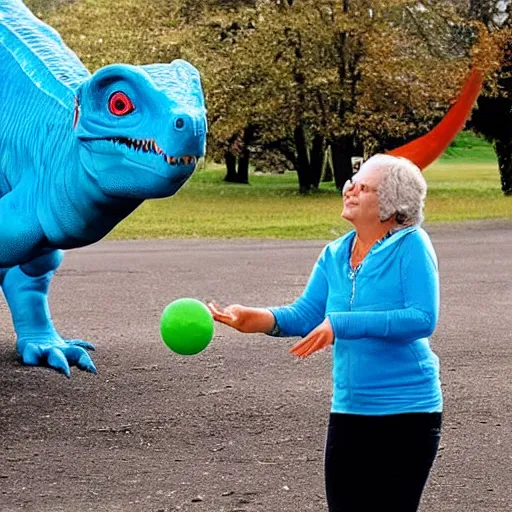 Image similar to a lady playing fetch with her pet dinosaur,