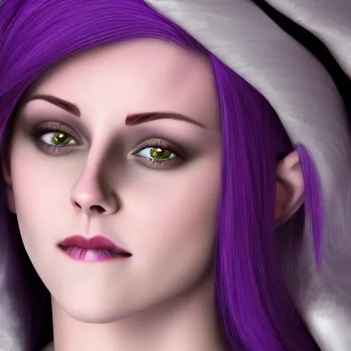 Image similar to Purple skinned Kristen Stewart as a smiling Elf wizard with ((white)) hair. smooth purple skin!, + purple skin Photorealistic digital art trending on artstation, artgem, 4k HD.