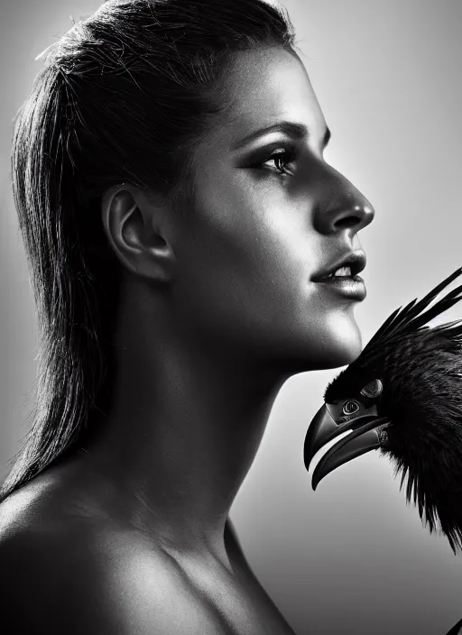 Image similar to a profile portrait, a stunning young woman - cyborg with a mutant crow head, editorial photography, bw, shot on 7 0 mm, depth of field, f / 2. 8, high contrast, 1 6 k, volumetric lighting, shiny, insanely detailed and intricate, hypermaximalist, elegant, ornate, hyper realistic, super detailed