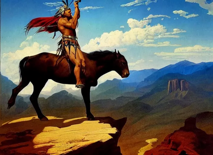 Image similar to powerful native american warrior!! beautiful native american riding horse, buffalo, mountain range, beautiful sky, standing on the edge of a cliff, nineteenth century, painted by frazetta