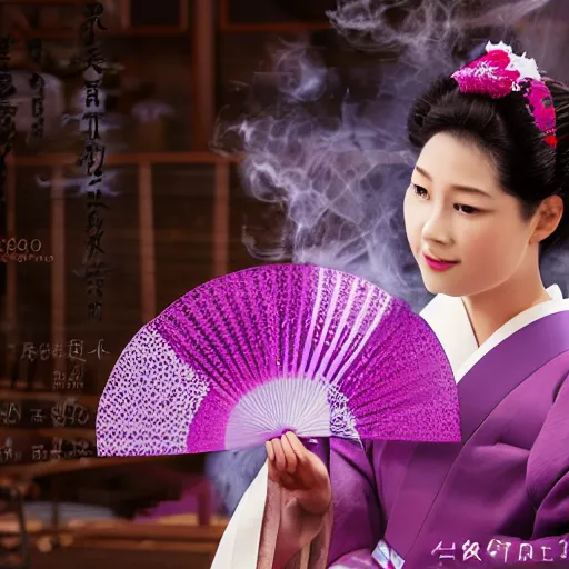 Image similar to Japanese geisha with beautiful violet paper fan, 4k photography, 30 mm lens, cinematic light, warm atmosphere, in style of Kar Wai Wong, cigarette smoke trail