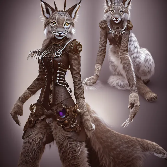 Prompt: the portrait of anthropomorphic lynx fursona wearing a steampunk dress as unimaginably beautiful, gorgeous, elegant, young lynx, an ultrafine hyperdetailed illustration by hioshiru, intricate linework, white fur, unreal engine 5 highly rendered, global illumination, radiant light, detailed and intricate environment