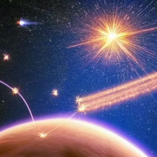 Prompt: spaceship guns shooting multiple tracers in space near earth, realistic photo from nasa