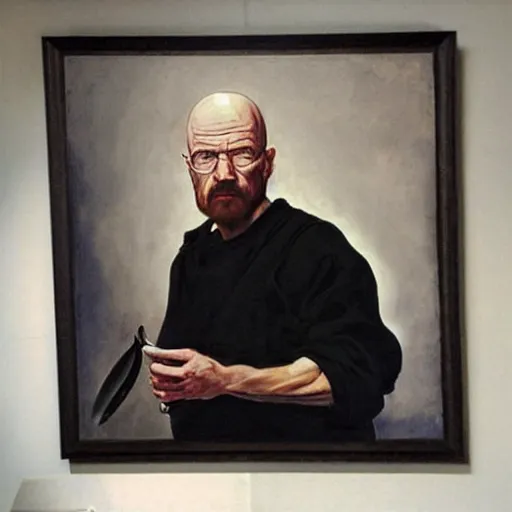 Prompt: Walter White cooking meth, oil painting by Caravaggio