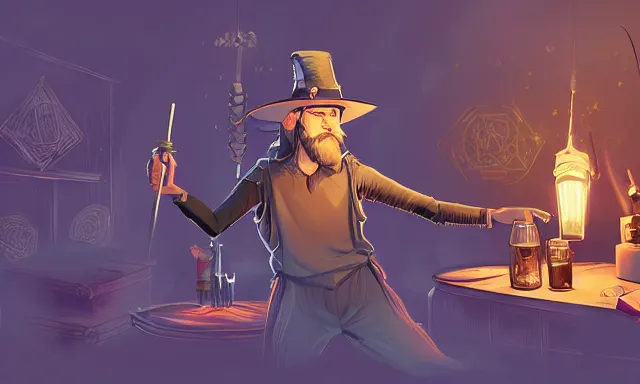 Prompt: 🧙‍♂️ Character art of a D&D wizard doing magic in his laboratory, with a blond beard and curly hair and a wide-brimmed straw hat, concept art, digital art