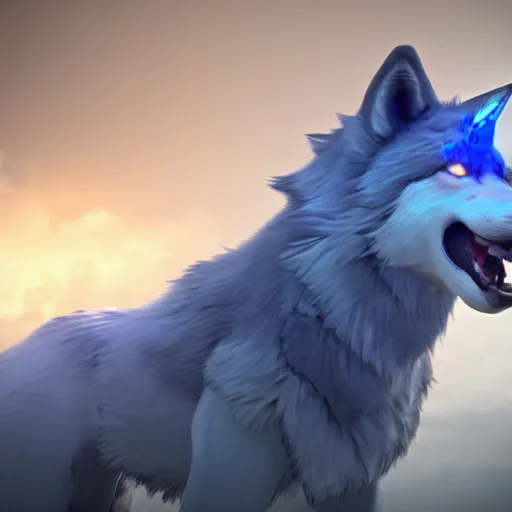 Image similar to a giant blue wolf with a white main and two unicorn horns, a white star shape on his forehead, yellow eyes, beautiful, ultra realistic, great wolf, unreal engine 5, dynamic lighting, highly detailed, lightning around