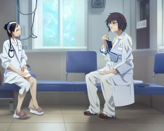 Prompt: a cute young female doctor wearing white coat are talking to a patient in a clinic room, slice of life anime, lighting, anime scenery by Makoto shinkai