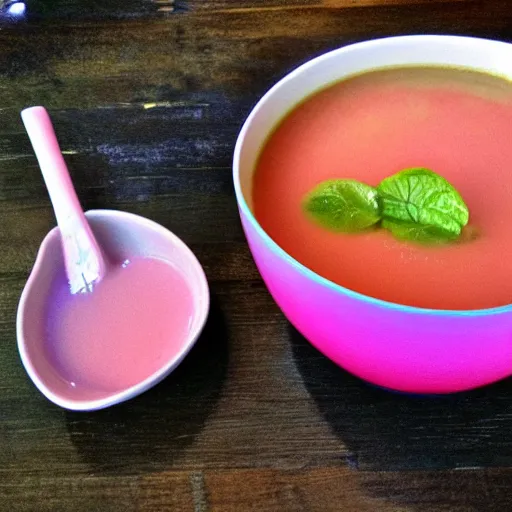 Prompt: a cyan and pink soup.