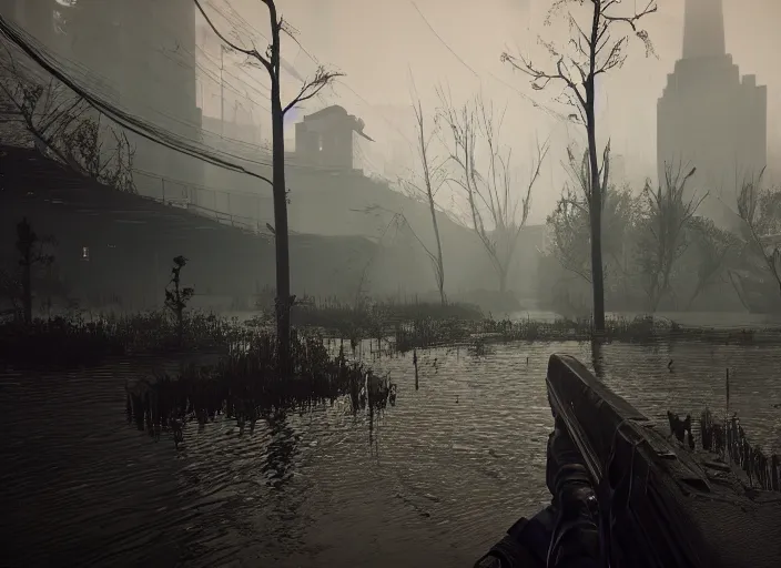 Prompt: dark, misty, foggy, flooded new york city street swamp in Destiny 2, liminal creepy, dark, dystopian, abandoned highly detailed 4k in-game destiny 2 screenshot gameplay showcase