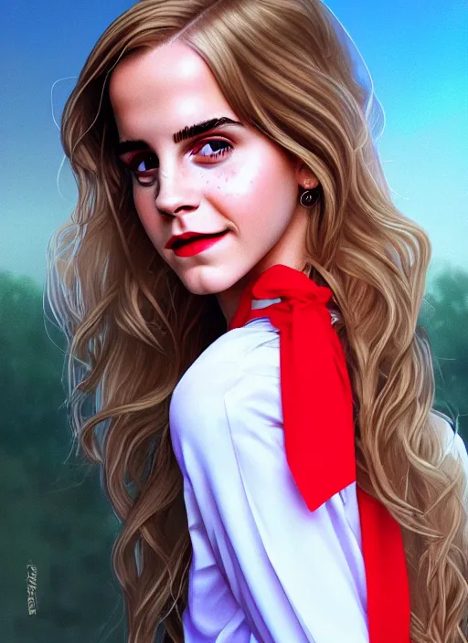 Image similar to portrait of teenage emma watson, long haircut, flowing blonde curly hair, white shirt, red tie, smiling kindly, soviet house at background, 1 9 8 0 s, intricate, elegant, glowing lights, highly detailed, digital painting, artstation, concept art, smooth, sharp focus, illustration, art by wlop, mars ravelo and greg rutkowski