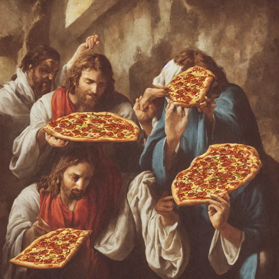 Image similar to Jesus eating pizza