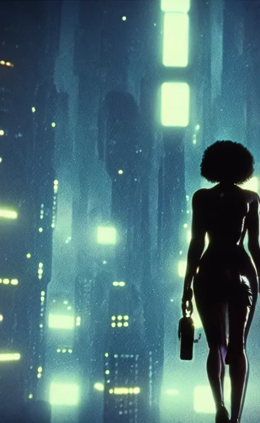 Prompt: hyper - realistic, a beautiful black femme fatale woman wearing a short dress and heels, blade runner city, neo - noir aesthetic, cinematic composition, cinematic colors, 3 5 mm film, roger deakins style, realistic film, no signature, 8 k