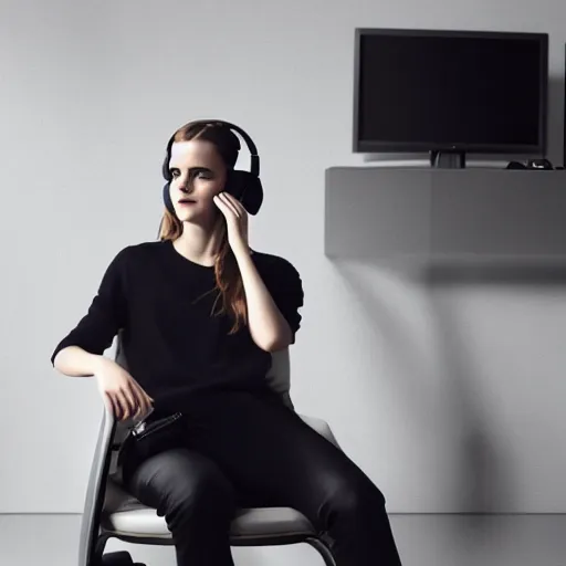 Prompt: emma watson wearing a gaming headset photo sitting on gaming chair dramatic lighting