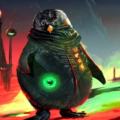 Image similar to penguin that has red glowing eyes in front of a green glowing tower in the background, guild wars 2 art style