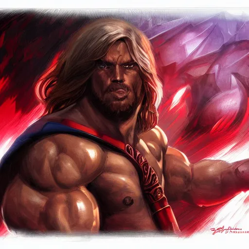 Prompt: portrait of thundarr the barbarian, d & d, muscular! athetic slim bodybuilder, red and black, futuristic, fantasy, intricate, elegant, highly detailed, digital painting, artstation, concept art, smooth, sharp focus, illustration, art by artgerm and greg rutkowski and alphonse mucha