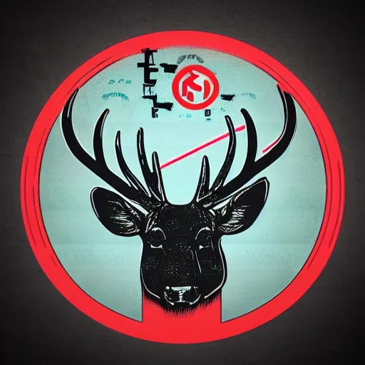 Image similar to logo for evil corporation that involves deer, retro synthwave style, retro sci fi