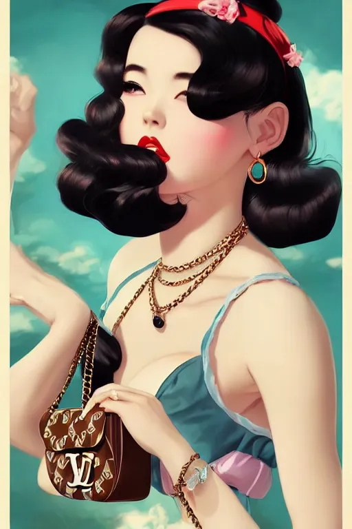 Image similar to a vintage pin up and beautiful fashion dreamlke japan girl with lv jewelry, character art, art by artgerm and wlop and and ilya kuvshinov, hyperdetailed, 8 k realistic, symmetrical,, frostbite 3 engine, cryengine, dof, trending on artstation, digital art, chanel, dior, fantasy background