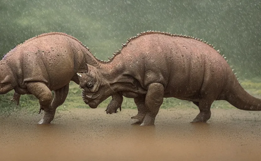 Image similar to nature photography of a rain soaked triceratops and her baby, african savannah, rainfall, muddy embankment, fog, digital photograph, award winning, 5 0 mm, telephoto lens, national geographic