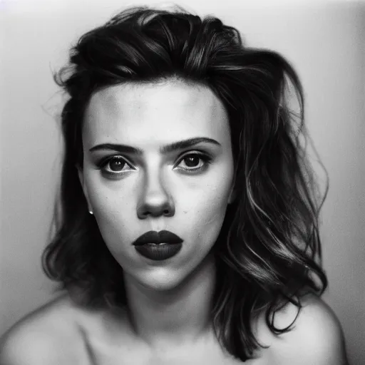 Prompt: photo of Scarlett Johansson by Diane Arbus, black and white, high contrast, Rolleiflex, 55mm f/4 lens