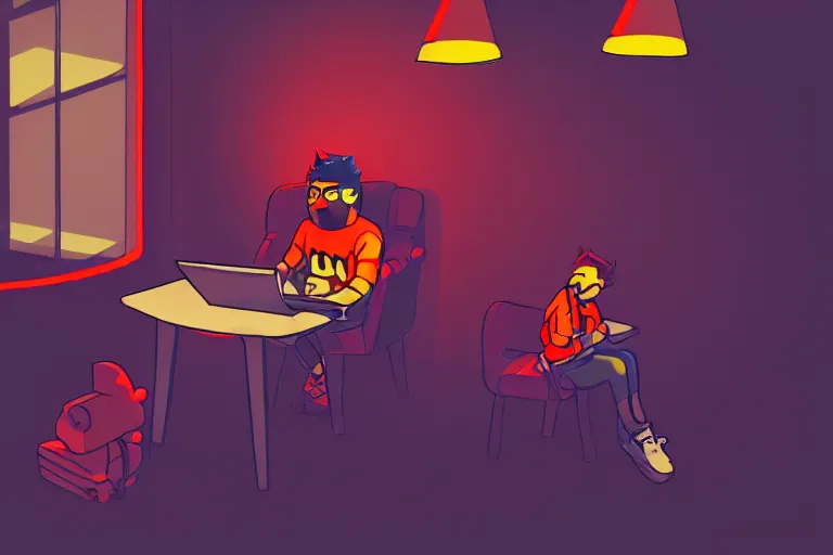 Prompt: hangover man sitting with laptop and sad crying kid staying near the man. neon lighting, high detail, trending on artstation