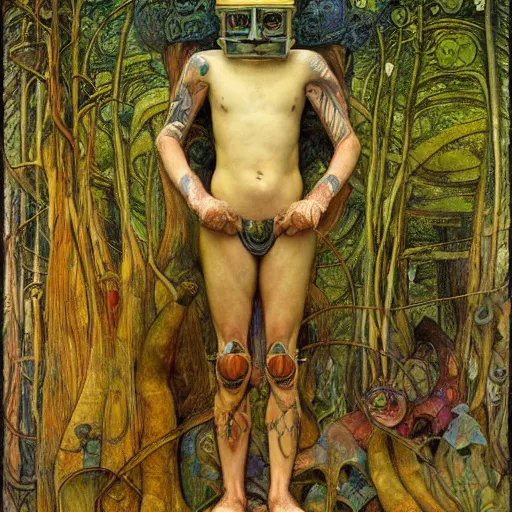 Prompt: robot seizes his forest crown, by Annie Swynnerton and Diego Rivera and Elihu Vedder, symbolist, dramatic lighting, elaborate geometric ornament, tattoos, Art Brut, soft cool colors,smooth, sharp focus, extremely detailed, Adolf Wölfli and Donato Giancola