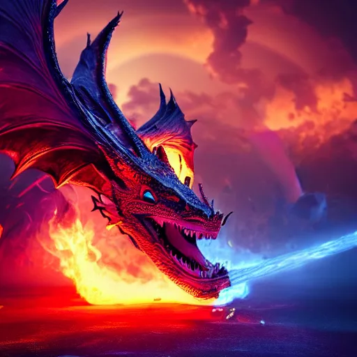 Image similar to dragon that is on fire breathing rainbow fire, surreal, sharp focus, digital art, epic composition, concept art, dynamic lighting, intricate, highly detailed, 8 k, unreal engine, blender render