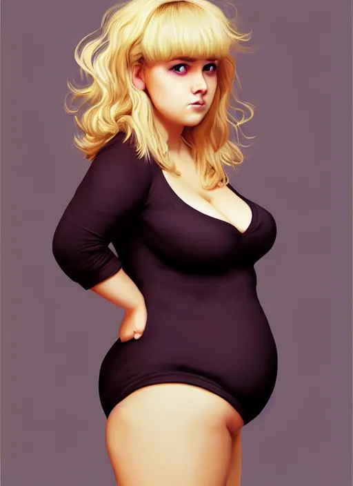 Image similar to full body portrait, teenage betty cooper, blonde hair, obese, bangs, ponytail, sultry, realistic, sultry smirk, fluffy bangs, curly bangs, fat, belly, intricate, elegant, highly detailed, digital painting, artstation, concept art, smooth, sharp focus, illustration, art by wlop, mars ravelo and greg rutkowski