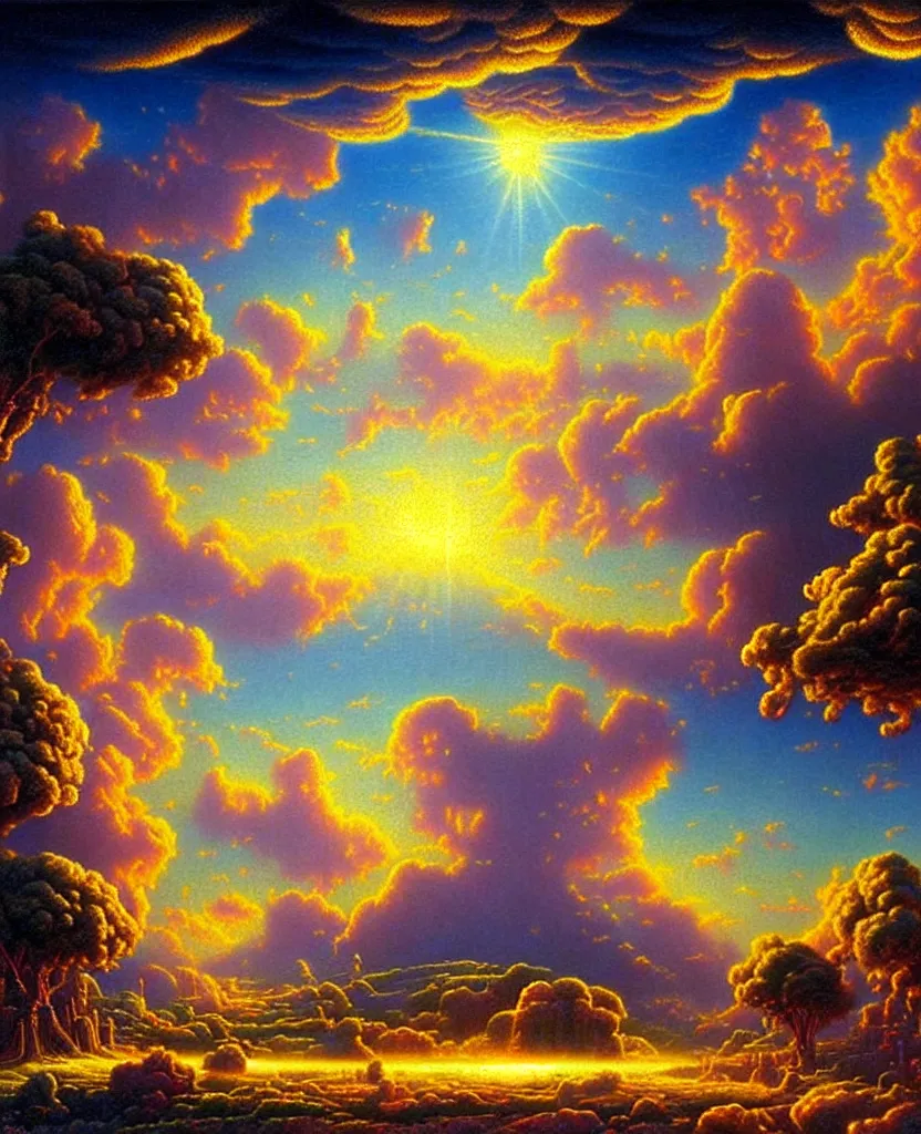 Prompt: a photorealistic detailed cinematic image of a beautiful vibrant iridescent future for human evolution, spiritual science, divinity, utopian, cumulus clouds, ornate landscapes, marble statues, winding pathways, isometric, by david a. hardy, kinkade, lisa frank, wpa, public works mural, socialist