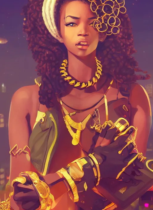 Image similar to afro - futurist gangstas, weapons and gold chains, jacking the metaverse | hyperrealistic oil painting | by makoto shinkai, ilya kuvshinov, lois van baarle, rossdraws | afrofuturism, in the style of hearthstone, trending on artstation | dark color scheme