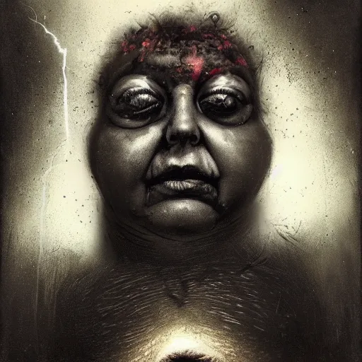 Image similar to portrait of the face of big fat old sumoringer as despair from sandman, venus of willendorf, by jeremy mann, by gregory crewdson, by bastien lecouffe deharme, by russ mills, sad face, topknot, black hair, mourning, black eyes, white room, soft lightning, high detailed, 8 k