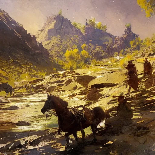 Image similar to earthy by frederic remington, by wadim kashin. the computer art is of a small village with a river running through it. in the distance, there are mountains. the sky is clear & the sun is shining.